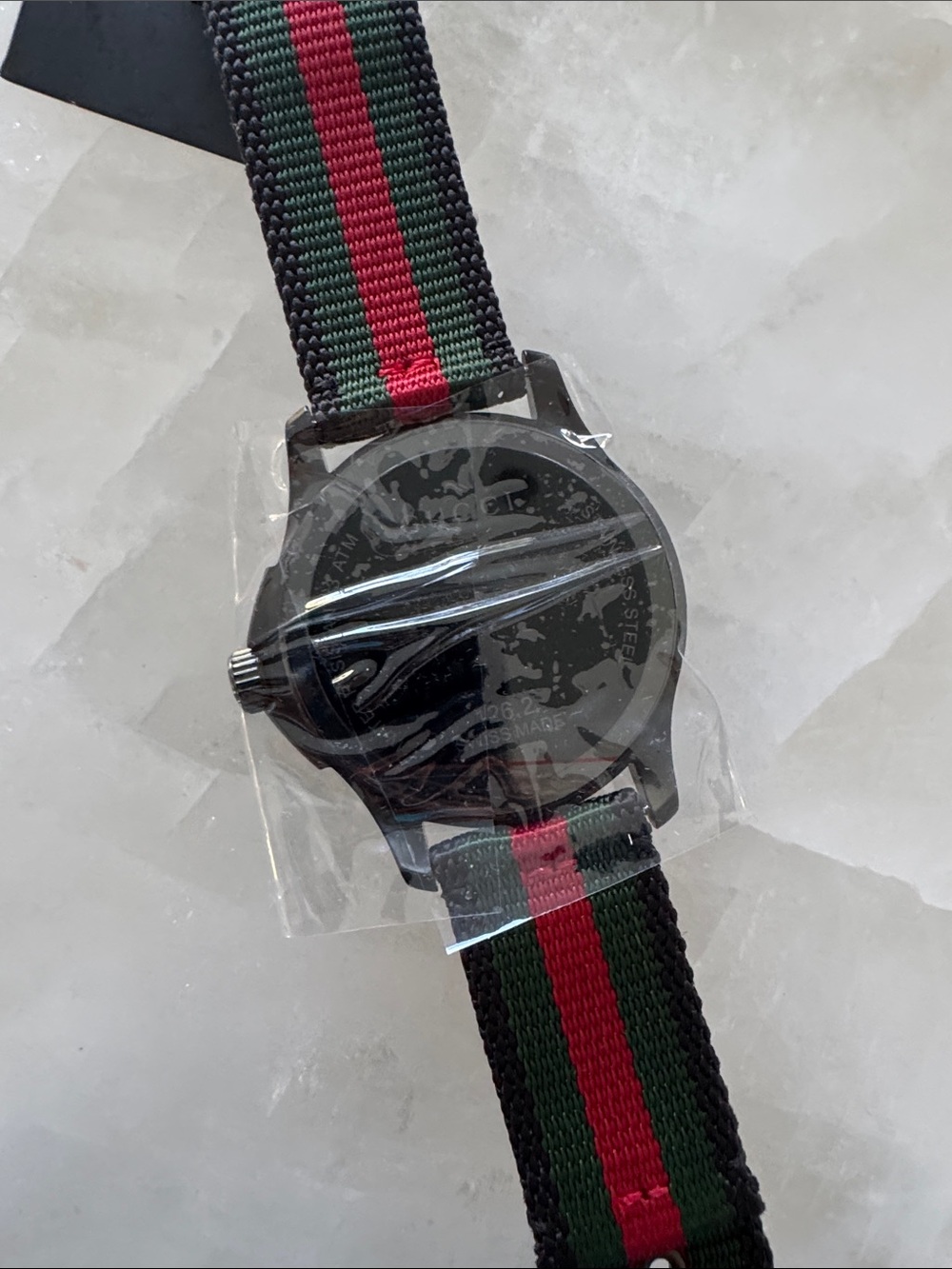 NIB Gucci Black Dial Watch with Green and Red Stripe Nylon Strap - Picture 4 of 7